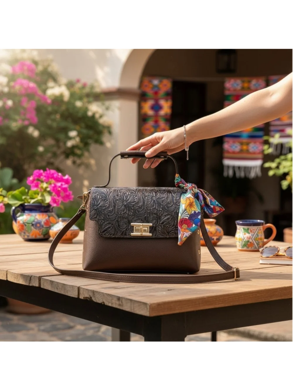 Chocolate Brown Floral Studded Embossed Artisan LEATHER Purse Handbag Crossbody